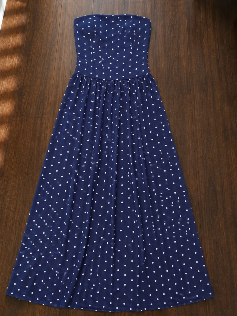 Navy Blue Polka Dot Strapless Maxi Dress